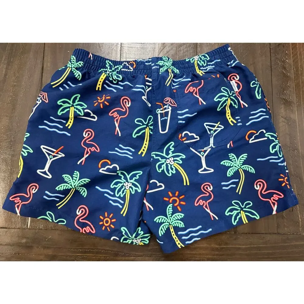 Chubbies Men’s M Neon Flamingo Palm Tree Tropical Swim Trunks Navy - M - EUC